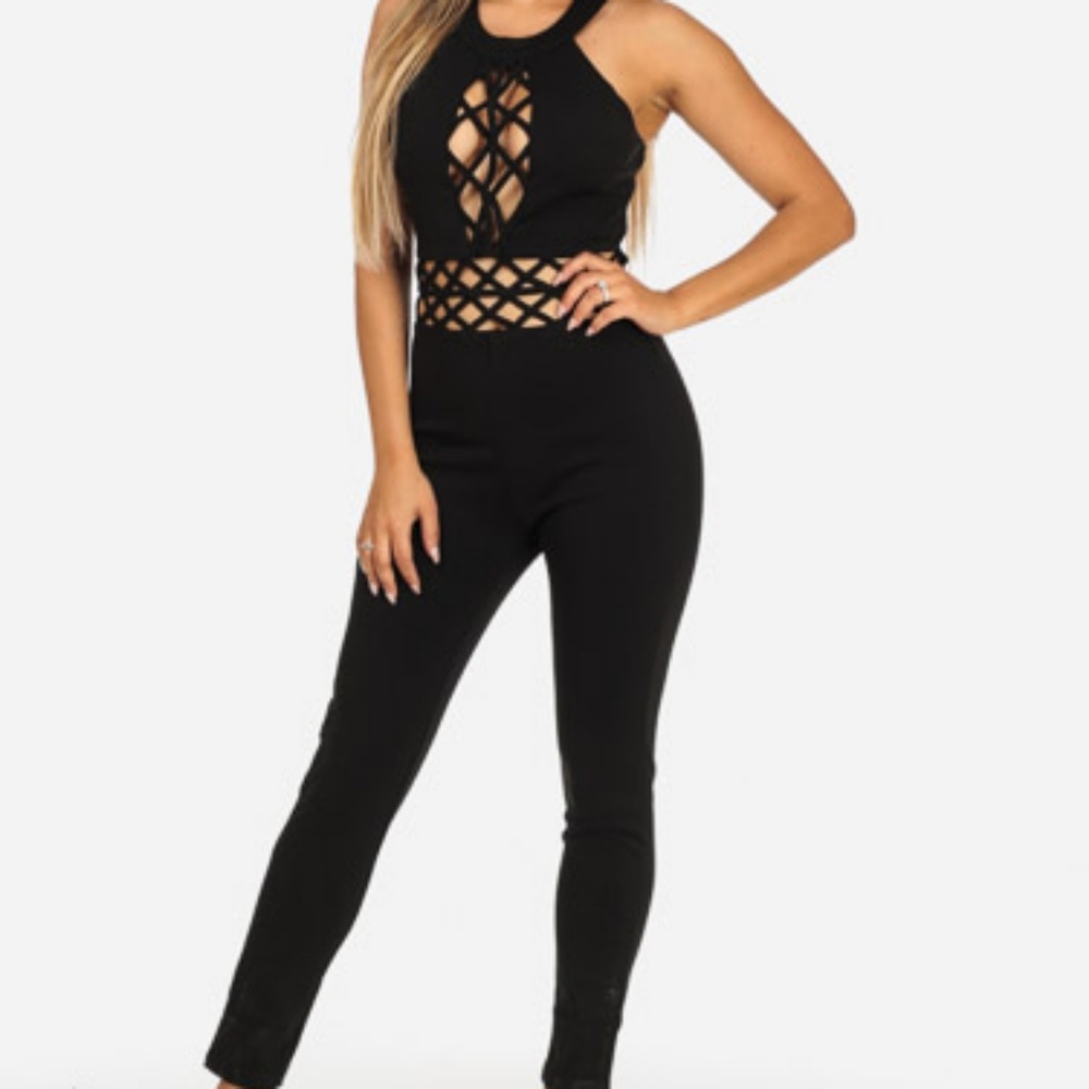 Solid Black Sexy Lace up Sleeveless Jumpsuit